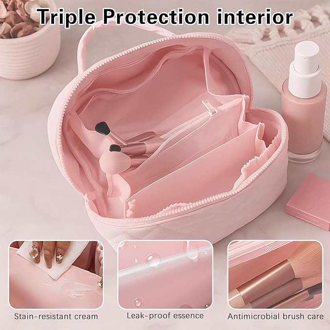 Cosmetic Bag for Travel, Large Capacity Pouch Purse Organizer, Waterproof Puffy Padded Make Up Toiletry Bag for Women (Pink)