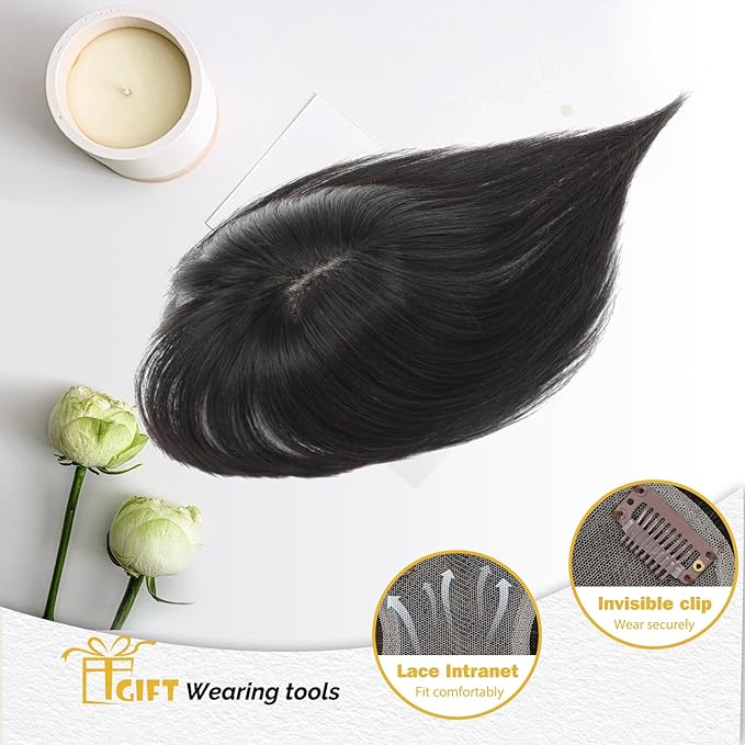 Hair Toppers for Women Real Human Hair Toppers for Women with Bangs 100% Real Human Bangs 10 inch Swiss Base Hairpieces for Thinning Hair（Natural Black）
