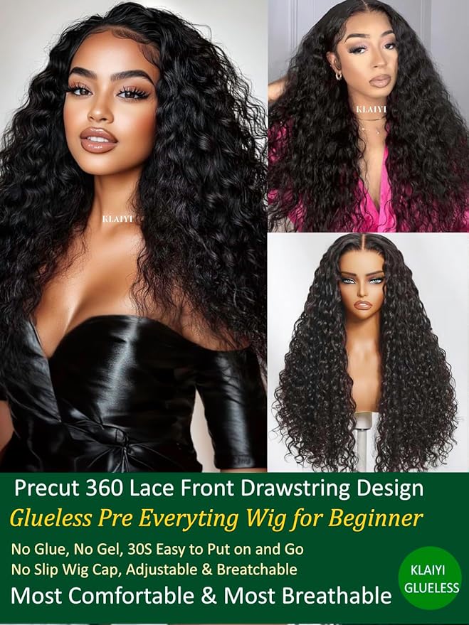 KLAIYI Water Wave Pre Cut 360 Full Lace Frontal Glueless Wig Human Hair Drawstring Pre Plucked Bleached Bye Bye Knots Pre Everything Ready to Wear And Go Curly Beginner Wig with Baby Hair 180% 22Inch
