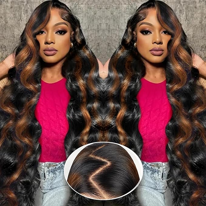 AMIRTY 32 Inch 9x6 Glueless Wigs Human Hair Pre Plucked pre cut Ombre Lace Front Wig Human Hair Wear and Go Glueless Wig 180% Density 1B/30 Highlight Body Wave Wig HD Colored Wigs