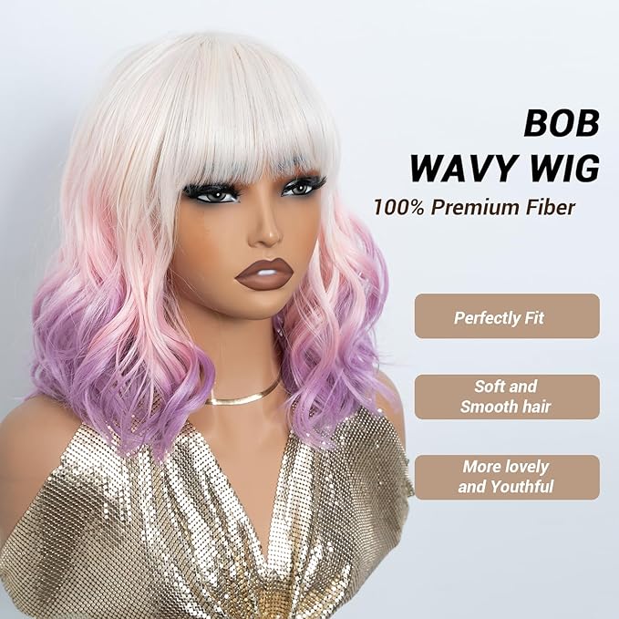 NOBLE Colourful Short Bob Wigs with Bangs for Women 3 Tone Ombre Pink root to Purple Color Short Wavy Bob Hair Wig Shoulder Length Synthetic Heat Resistant Bob Wigs