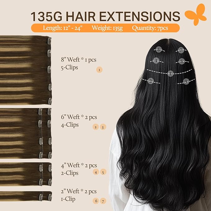 DOORES Hair Extensions Real Human Hair, Balayage Chocolate Brown to Caramel Blonde 18 Inch 135g 7pcs, Thick Extensions Clip ins Remy Natural Weft for Women