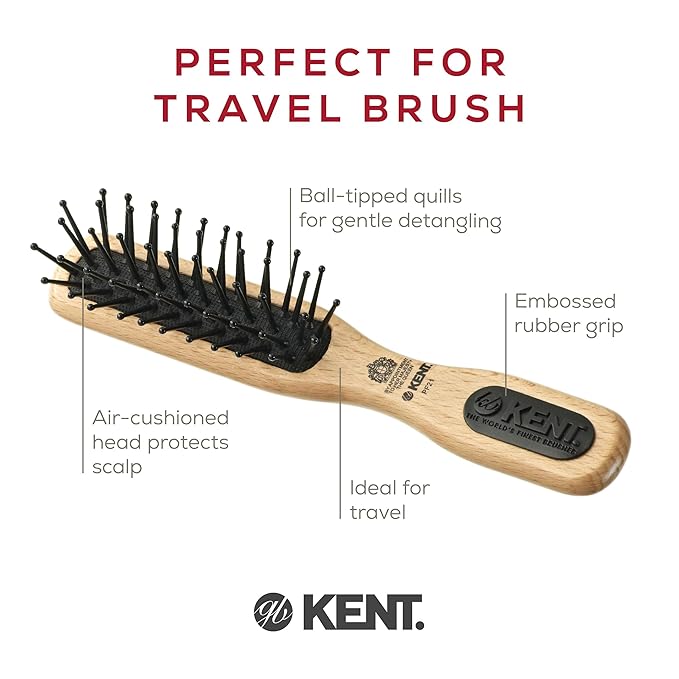 Kent PF21 Narrow Cushion Paddle Brush - Taming Fine Pins, Detangling Long, Thick and Curly Hair, Scalp Massager for Growth Stimulation on Wet or Dry Hair. Made in England