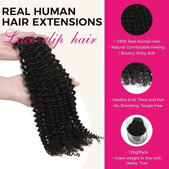 Lashey Clip in Hair Extensions Real Human Hair 7pcs 120g Kinky Curly Clip in Hair Extensions Human Hair Natural Black 14 Inch Clip in Hair Extensions Black Women