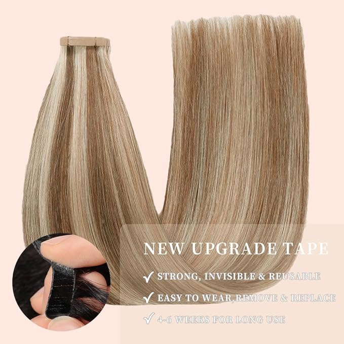 Tape in Human Hair Extensions 20Inch Double Sided Adhesive Tape in Chestnut Brown to Blonde Highlight Remy Hair 20pcs Seamless(P6/613#, 20 Inch)