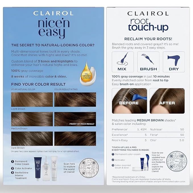 Clairol Nice'n Easy 5 Medium Brown Permanent Hair Dye & Root Touch-Up Bundle