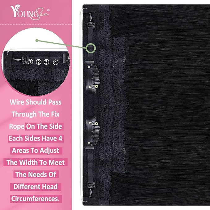 YoungSee Wire Hair Extensions Jet Black Hair Extensions Invisible Wire Black Fish Line Hair Extension Real Human Hair Short Straight Hair 12Inch 70g