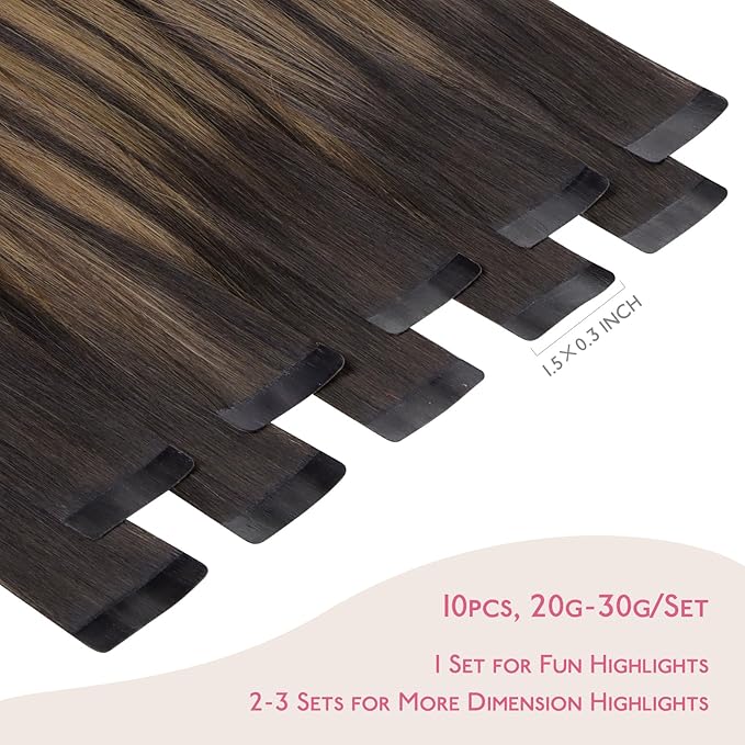 WENNALIFE Tape in Hair Extensions Human Hair Balayage Dark Brown Mixed Chestnut Brown Tape in Extensions, 10pcs 30g 22 inch Remy Invisible Tape Ins Straight Soft Real Human Hair Tape in Extensions