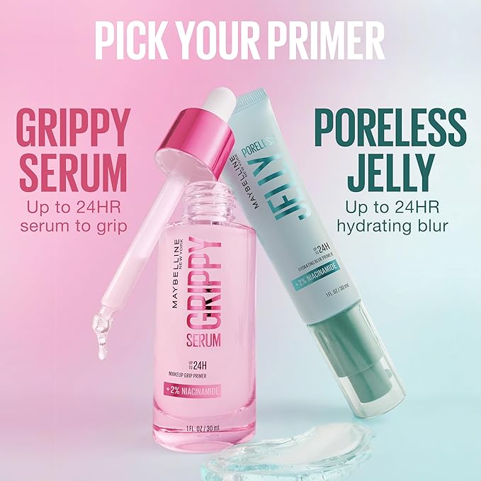 Maybelline Grippy Serum Primer, Hydrating Makeup Primer with 2% Niacinamide For Up To 24HR Make Up Wear, Clear, 1 Count