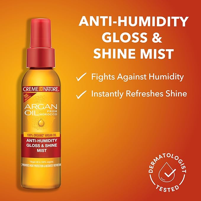 Creme of Nature Anti-Humidity Gloss & Shine Mist, Lightweight Frizz Control and Heat Protection with 100% Organic Argan Oil, Stocking Stuffer for Her, 4 oz
