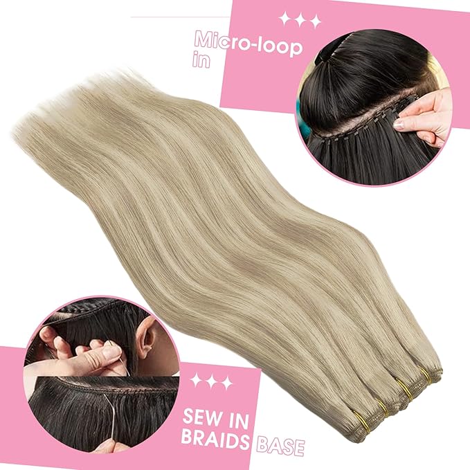 YoungSee Weft Hair Extensions Warm Ash Blonde Highlights Bleach Blonde Sew in Hair Extensions Real Human Hair Highlights Hair Extensions Sew in for Long Hair 22Inch 100G