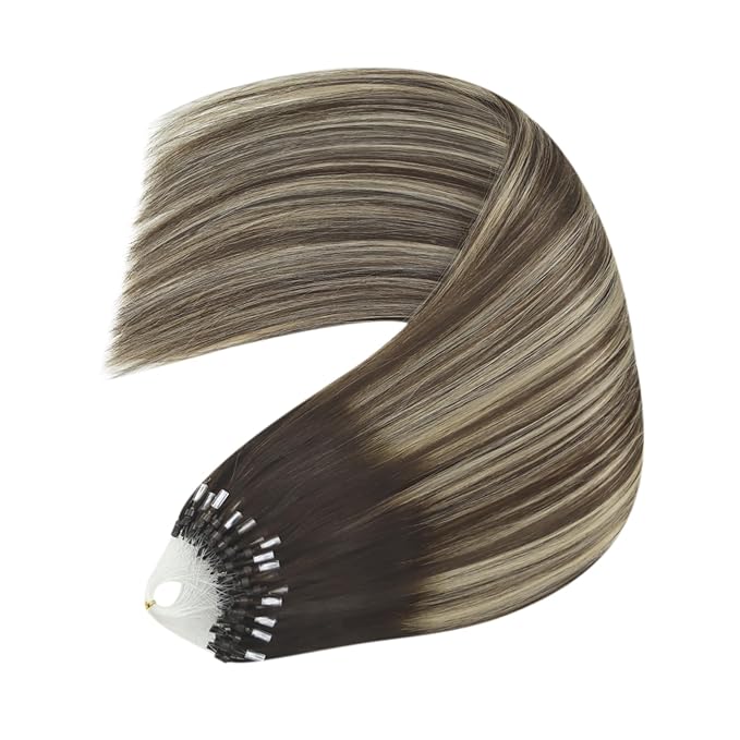 YoungSee Micro Link Hair Extensions Human Hair Balayage Micro Loop Hair Extensions Dark Brown Ombre Blonde Balayage Brown Bead Extension Human Hair 20In 50g 50s Microring Hair Extension for Wedding