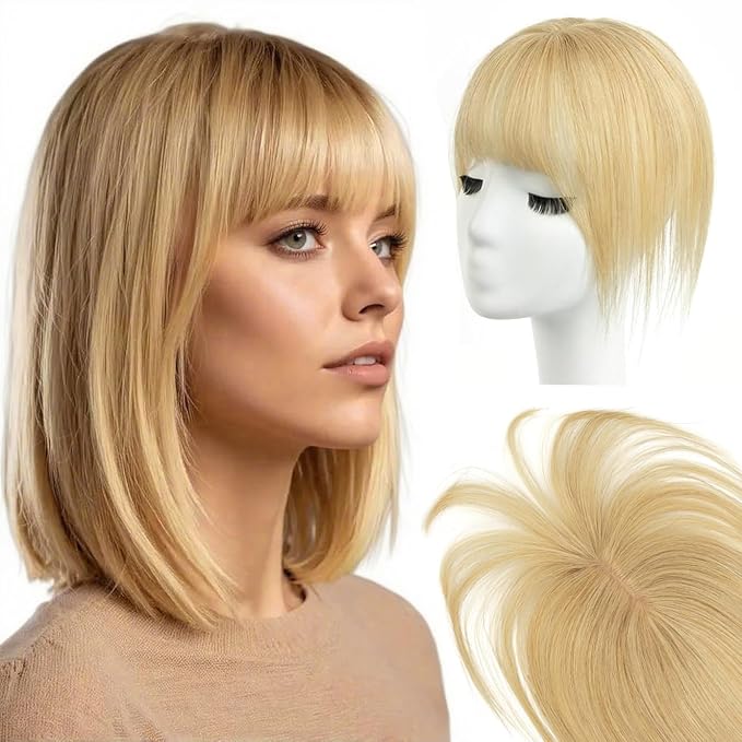 Human Hair Topper with Bangs – 100% Real Remy Hair Topper for Women, Thin Skin Base & Natural Hairline for Thinning Crown, Clip-In Hairpiece (8inch, Strawberry Blonde)