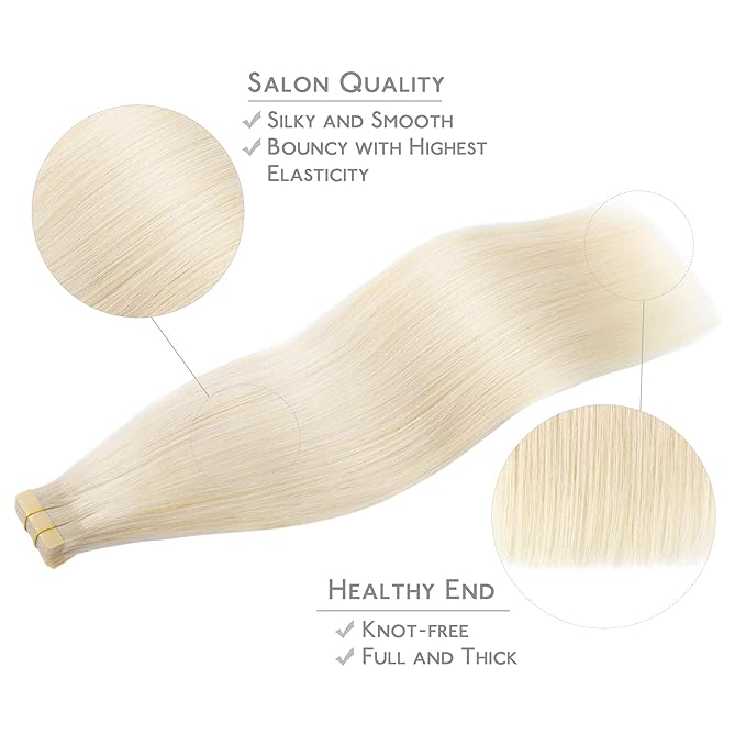 WENNALIFE Tape in Hair Extensions Human Hair, 20pcs 50g 20 inch Platinum Blonde Remy Hair Extensions Straight Human Hair Tape in Extensions Skin Weft Tape Extensions Human Hair