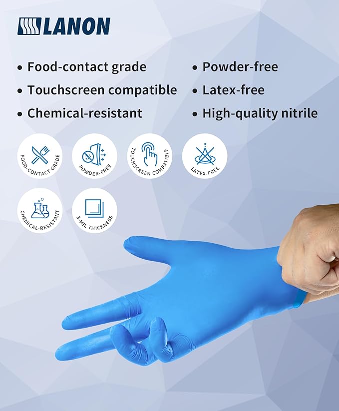 LANON Disposable Nitrile Gloves, Silicone-Free, Food-Safe, Chemical Resistant, Powder-Free, Textured Fingertips, Cooking, Cleaning, Blue, Medium