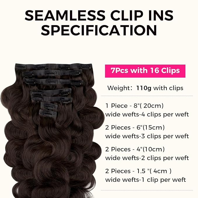 Lashey Seamless Clip in Hair Extensions Human Hair #2 Dark Brown Body Wave 7pcs 110g 22 Inch PU Weft Clip in Hair Extensions Real Human Hair for Women