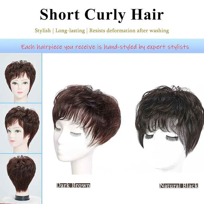 Short Human Hair Topper for Women with Hairloss,Invisible Clip in Short Curly Topper Hairpiece with Large Mesh 6.3x7 Ins and Silk Top Base Natural Fluffy Wiglet Hairpiece Dark Brown