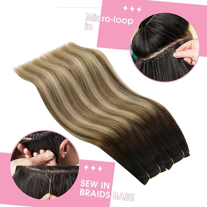 YoungSee 130g Sew in Hair Extensions Real Human Hair Dark Brown Ombre Medium Brown with Blonde Balayage Weft Hair Extensions Ombre Sew in Bundles Human Hair for Women 24Inch