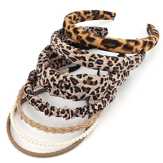 VELSCRUN Headbands for Women 7 Pcs Different Leopard Color Knotted Solid Pearl Head Bands Non Slip Hair Band Stuff for Teen Girls Womens Trendy Fashion Diademas Para Mujer Hair Accessories