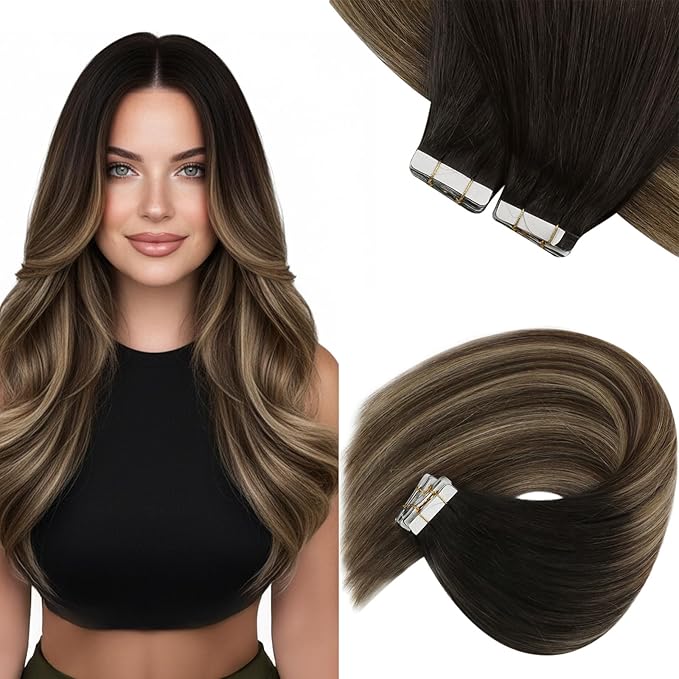 Sunny Hair Tape in Hair Extensions Human Hair, 18 Inch 40Pcs Remy Tape in Extensions Black Balayage Brown Ombre Ash Blonde Hair Extensions Tape in 100g