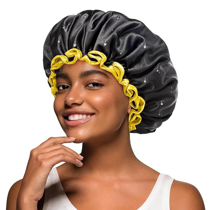 mikimini Black Shower Caps for Women Men & Girls 2 Packs, Reusable, Double Layers Waterproof Bathing Shower Hat with Soft Comfortable PEVA Lining, non-fading, Stretchy Shower Cap