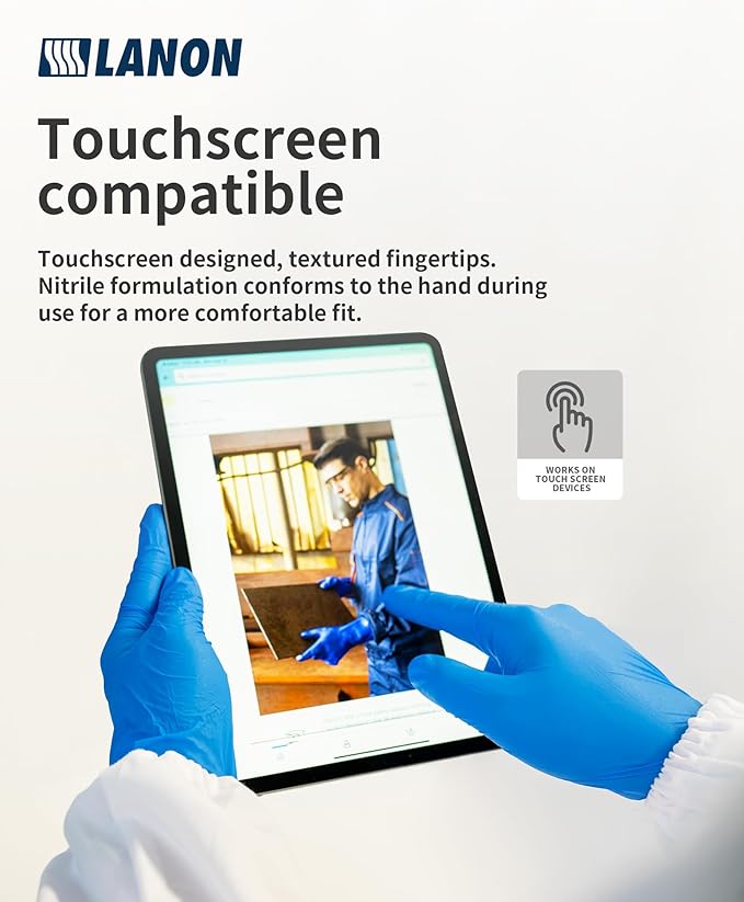 LANON Disposable Nitrile Gloves, Silicone-Free, Food-Safe, Chemical Resistant, Powder-Free, Textured Fingertips, Cooking, Cleaning, Blue, Medium