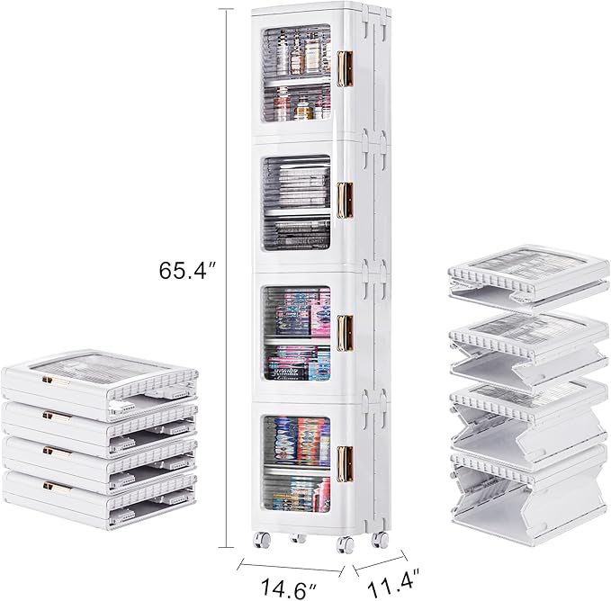 VECELO 4-Tier Plastic Tall Narrow Storage Cabinet with Movable Wheels, Adjustable Shelves, Magnetic Doors, Slim Bathroom Organizers and Storage for Small Space, Bathroom, Kitchen, Laundry, White