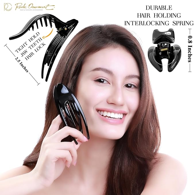 RC ROCHE 6 Pcs Flat Hair Clips Big Claw for Thick Hair French Duckbill Women No Slip Side Slide Curved Alligator Concord Strong Grip Hold Volume Lay Down Clamp, Small Black