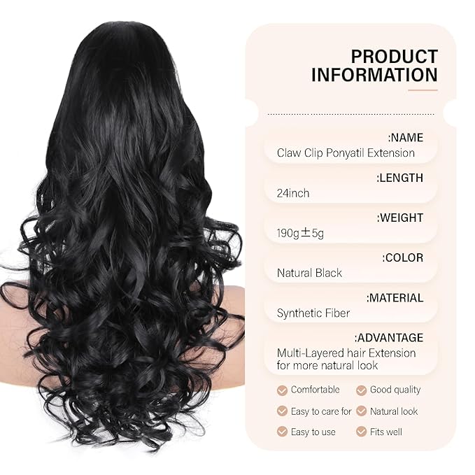 24 Inch Black Ponytail Extension, Layered Pony Tail Clip on Hair Extension, Soft Wavy Claw Clip in Ponytail Extension, Natural Synthetic Hair Pieces for Women (Color: Black)