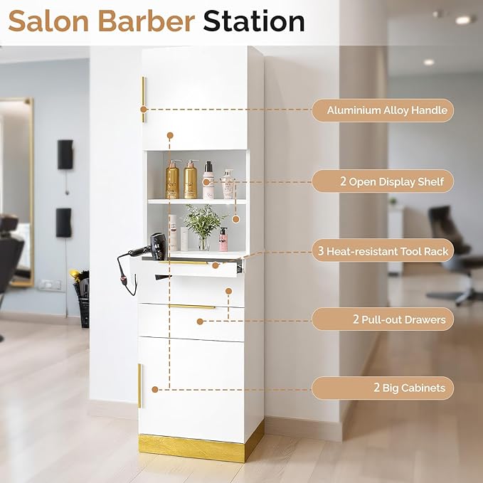 OmySalon Salon Station, Barber Station for Hair Stylist, Beauty Storage Cabinet with Stainless Steel Finish & Drawers & Dryer Holders, Modern Spa Equipment for Barbershop, White