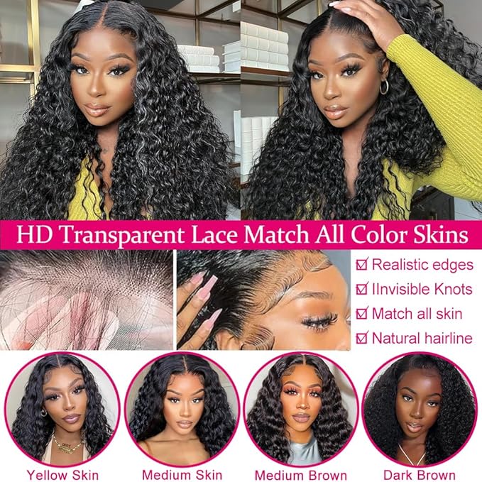 SOSATISFY Deep Wave Lace Front Wigs Human Hair 4x4 HD Transparent Lace Closure Wigs Glueless 180% Density Human Hair Wigs for Black Women Pre Plucked with Baby Hair (22 inch)