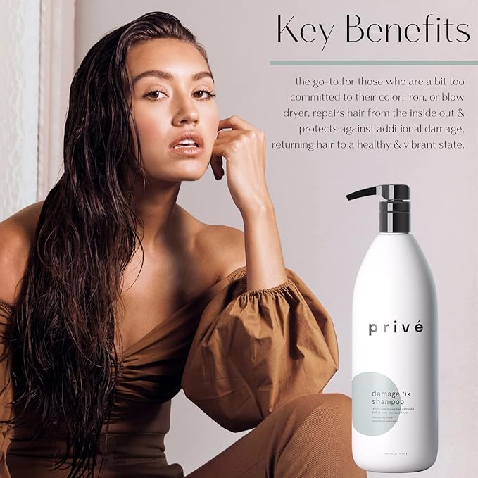 Privé Damage Fix Hair Shampoo for Women & Men - Sulfate-Free Repair Shampoo for Damaged Hair - Strengthening & Moisturizing Formula for Dry, Dull & Over-Processed Strands (33.8 oz)