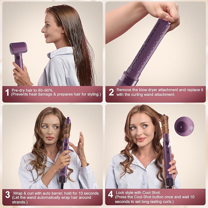 StyleVibe 6-in-1 Air Styler, Hair Dryer & Blow Dryer Brush with Travel Case - Auto Wrap Curls (L/R), Fast Drying, Thermal Round Brush for Smooth Blowouts & Frizz-Free Volume, No Heat Damage