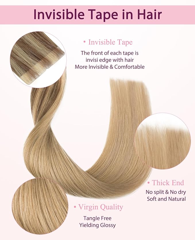 Pinkpearl Invisible Tape in Hair Extensions Human Hair, 20pcs 16inch 45g #10/27/27 Golden Brown to Caramel Blonde Injection Tape in Extensions Real Remy Seamless Human Hair Injected