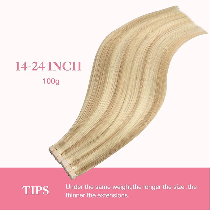 GOO GOO Tape in Hair Extensions Human Hair, 18A/613A Dark Blonde Highlighted Bleach Blonde, 10inch 60g 40pcs, Skin Weft Seamless Invisible, Silky Straight with Thick Ends, Remy Human Hair