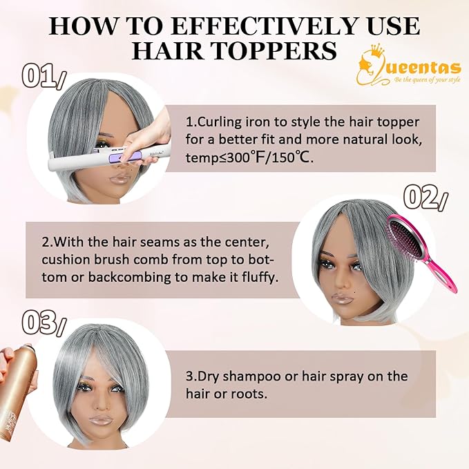 QUEENTAS Silver Hair Topper for Women with Thinning Hair Pieces 6"*6"Large Coverage 360°3D Cover Silver Synthetic Short Bob with 5 Clips in Wiglets(Gray with Black)