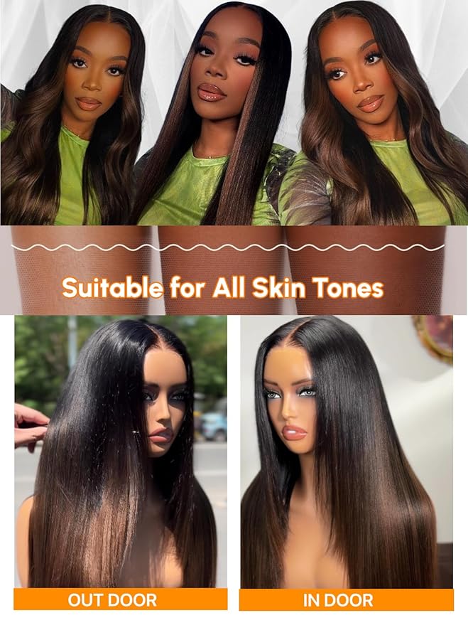 Julia Hair Chestnut Brown Ombre Yaki Straight 7x5 Pre Cut HD Lace Put On and Go Wig Bye Bye Knots Glueless Human Hair Wigs with Invisi Drawstring Pre Plucked Bleached Knots Beginner Friendly 18 Inch