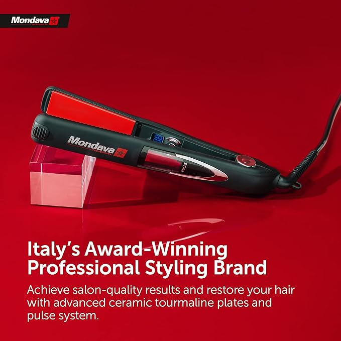 Professional Ceramic Tourmaline Hair Straightener Flat Iron and Curler, Ionic Dual Voltage Adjustable Digital LED Technology, Straighten and Style Wild Hair in 8 Min, 1”