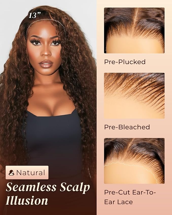 Arabella Chocolate Brown Lace Front Wigs Human Hair 13x6 Deep Wave Lace Front Wigs Human Hair Colored Deep Curly HD Lace Frontal Wigs for Women Pre Plucked with Natural Hairline 30 Inch