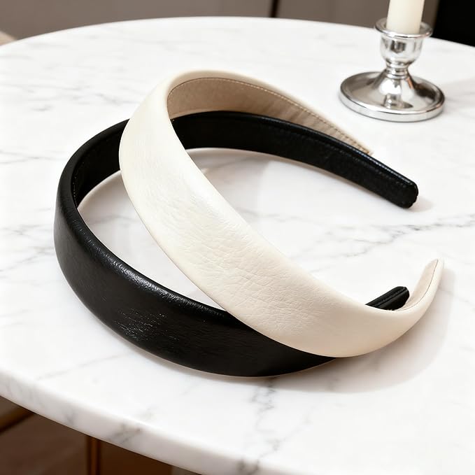 2-Piece Black & White Leather Headbands - Non-Slip Wide Padded Hair Accessories for Women, Cute Fashion DIY Hair Hoops