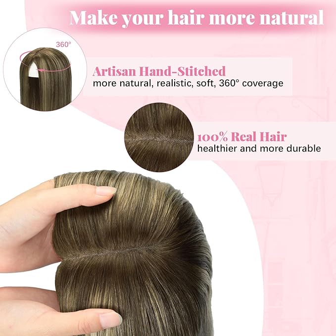 Hair Toppers for Women Real Human Hair, 65g 6x7inch Base Toppers for Women with Thinning 14inch Chocolate Brown Mixed Caramel Blonde Cover Gray Roots Add Volume (#4/27/4Toppers-14inch)