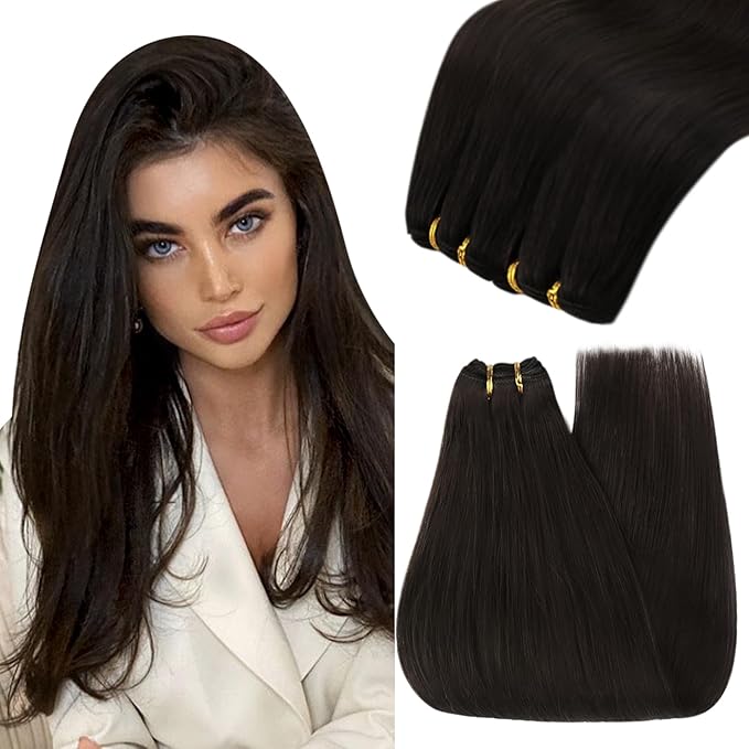 YoungSee Human Hair Sew in Extensions Darkest Brown Weft Extensions Long Straight Hair Sew in Bundles Human Hair Dark Brown 22Inch 100G
