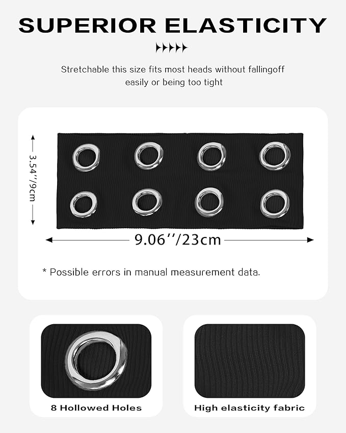 Grommet Headband for Women, Plus Black 23cm Hollow Out Elastic Hair Band, Eyelets Punk Grunge Stylish Hairband