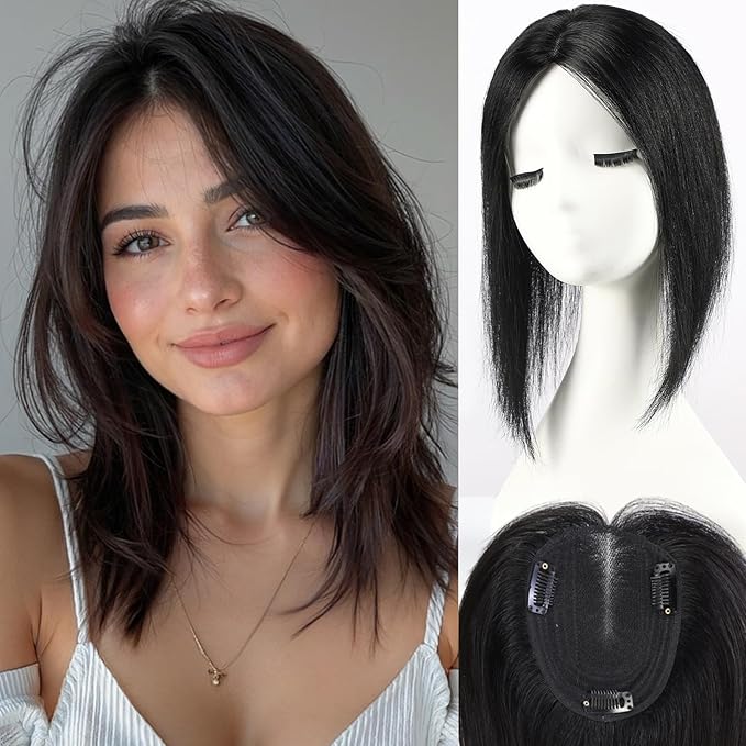 starluck Human Hair Topper for Women with Thinning Hair, 100% Real Human Hairpiece, 4.6 * 4 Inch Upgrade SilkHug Swiss Lace Base Hairpiece,14 Inch, No Bangs (Black)