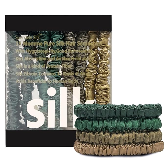 Suncdelv Silk,100% Silk Scrunchies for Hair,22 Momme Hair Ties for Anti-Crease & Breakage,Natural Women Hair Accessories，Fashion Hairbands 4PCS（Green series）