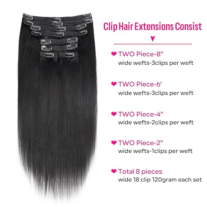 Yaki Straight Clip in Hair Extensions Real Human Hair 8Pcs Remy Human hair Clip ins for Women, Natural Soft Human Hair 120g 30inch #1B Natural Black