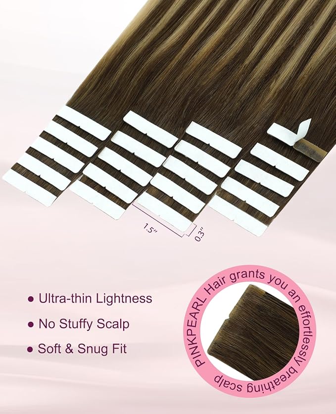Pinkpearl Invisible Tape in Hair Extensions Human Hair, 20pcs 16inch 45g #4/27/4 Balayage Chocolate Brown to Caramel Blonde Injection Tape in Extensions Real Remy Seamless Human Hair Injected