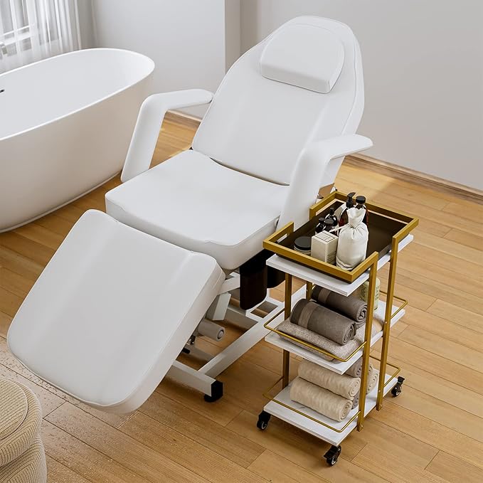 Paddie Esthetician Cart with Wheels, Salon Lash Spa Rolling Trolley Cart, White & Gold