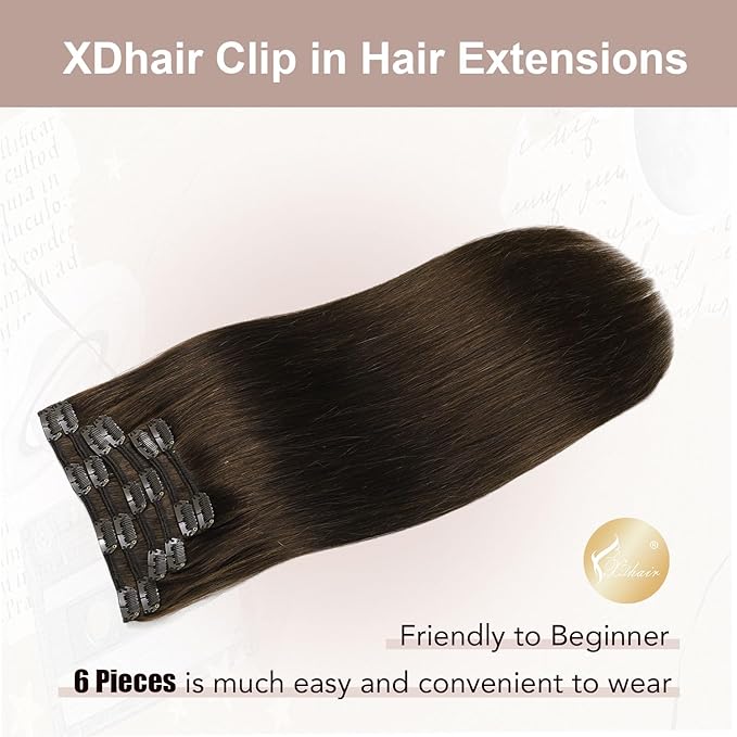 XDhair Clip in Hair Extensions Human Hair 100g 16 Inch Dark Brown Human Hair Extensions Clip ins Hair Extension Real Human Hair Silky Straight Hair #2 16 Inch