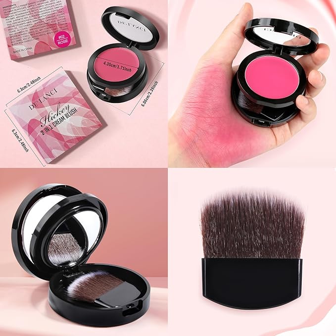 DE'LANCI Soft Cream Blush, Intense Color Pay off Putty Blush for Cheeks, Long Lasting Natural Look Rouge for Dark Skin, Blendable Pinkness Flush Korean Blush with Mirror and Brush,No Greasy (ROSE 02#)